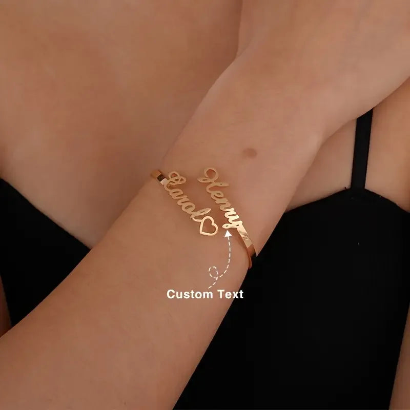 Custom Two Name Cuff Bangle Bracelet Personalized Double Names Couple Gold Color Stainless Steel Jewelry Dainty Bridesmaid Gift