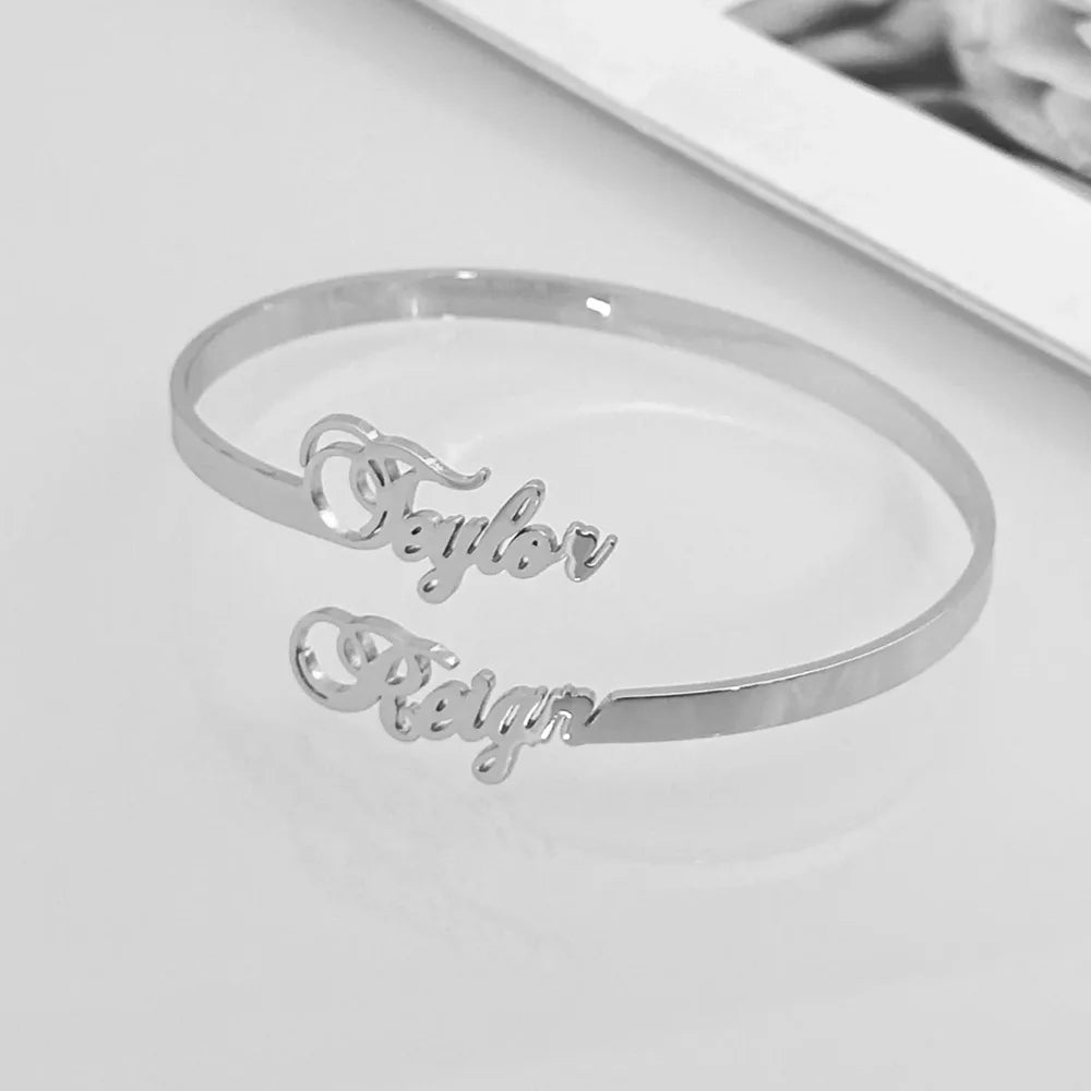 Custom Two Name Cuff Bangle Bracelet Personalized Double Names Couple Gold Color Stainless Steel Jewelry Dainty Bridesmaid Gift