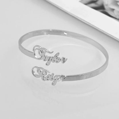 Custom Two Name Cuff Bangle Bracelet Personalized Double Names Couple Gold Color Stainless Steel Jewelry Dainty Bridesmaid Gift