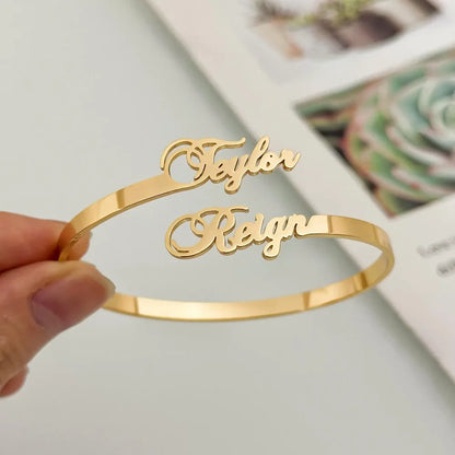Custom Two Name Cuff Bangle Bracelet Personalized Double Names Couple Gold Color Stainless Steel Jewelry Dainty Bridesmaid Gift