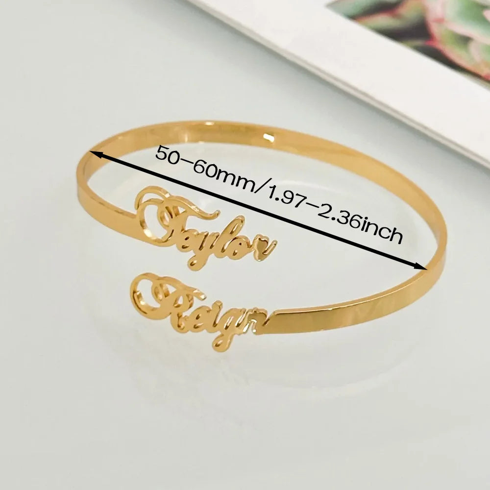 Custom Two Name Cuff Bangle Bracelet Personalized Double Names Couple Gold Color Stainless Steel Jewelry Dainty Bridesmaid Gift