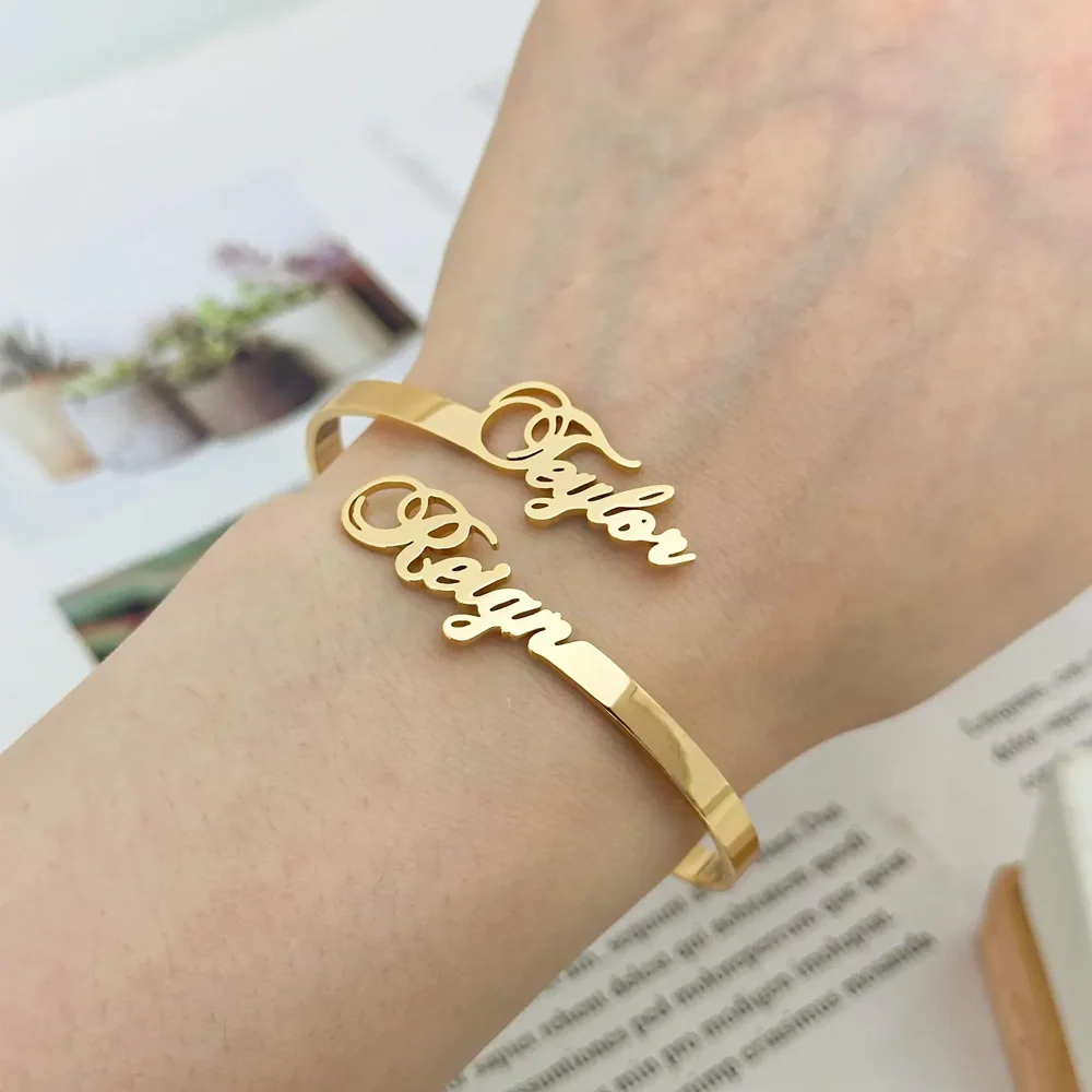 Custom Two Name Cuff Bangle Bracelet Personalized Double Names Couple Gold Color Stainless Steel Jewelry Dainty Bridesmaid Gift