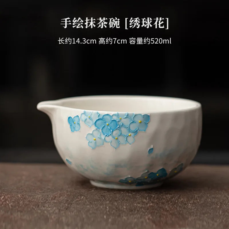 1-8PCS Hand Drawn Flowers Matcha Tea Set Japanese Matcha Gift Box Matcha Bowl Baibenli Tea Bowl Whisk Ceramic Teaset Tool Sets