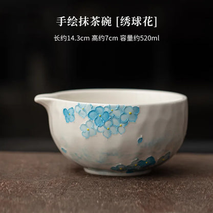 1-8PCS Hand Drawn Flowers Matcha Tea Set Japanese Matcha Gift Box Matcha Bowl Baibenli Tea Bowl Whisk Ceramic Teaset Tool Sets