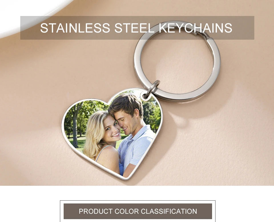 Custom Photo Keychain Women Stainless Steel Keyring Rectangle Heart Shape Personalized Picture Key Holder Jewelry Christmas Gift