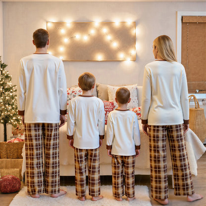Christmas Family Pajamas Matching Sets Mom Dad Kids Long Sleeve Elk Print Tops and Plaid Pants Sleepwear Family Xmas Pajamas
