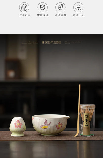 1-8PCS Hand Drawn Flowers Matcha Tea Set Japanese Matcha Gift Box Matcha Bowl Baibenli Tea Bowl Whisk Ceramic Teaset Tool Sets