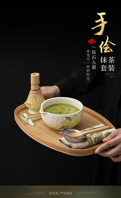 1-8PCS Hand Drawn Flowers Matcha Tea Set Japanese Matcha Gift Box Matcha Bowl Baibenli Tea Bowl Whisk Ceramic Teaset Tool Sets