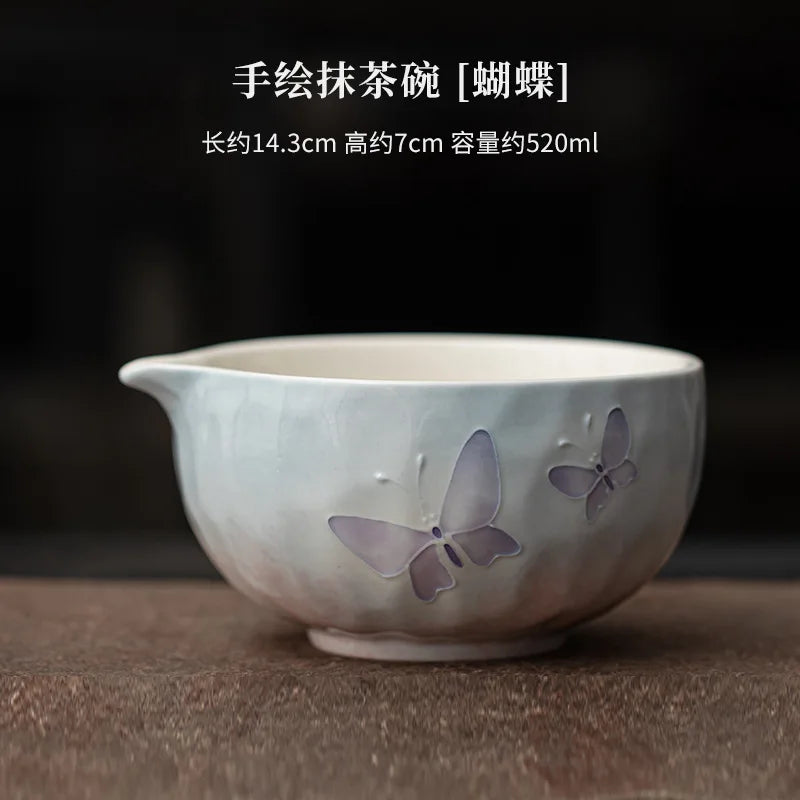 1-8PCS Hand Drawn Flowers Matcha Tea Set Japanese Matcha Gift Box Matcha Bowl Baibenli Tea Bowl Whisk Ceramic Teaset Tool Sets