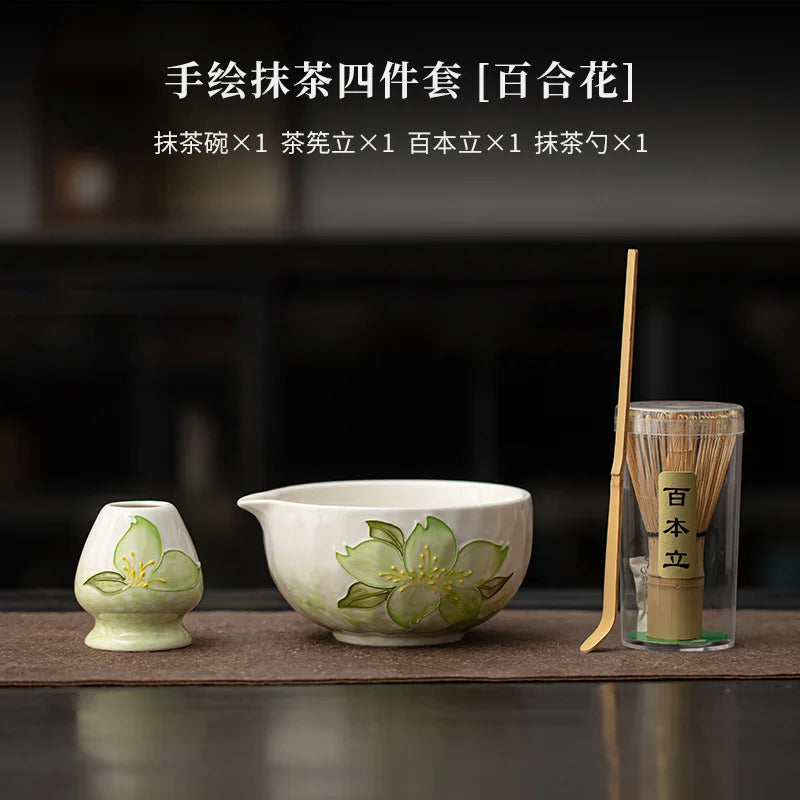 1-8PCS Hand Drawn Flowers Matcha Tea Set Japanese Matcha Gift Box Matcha Bowl Baibenli Tea Bowl Whisk Ceramic Teaset Tool Sets
