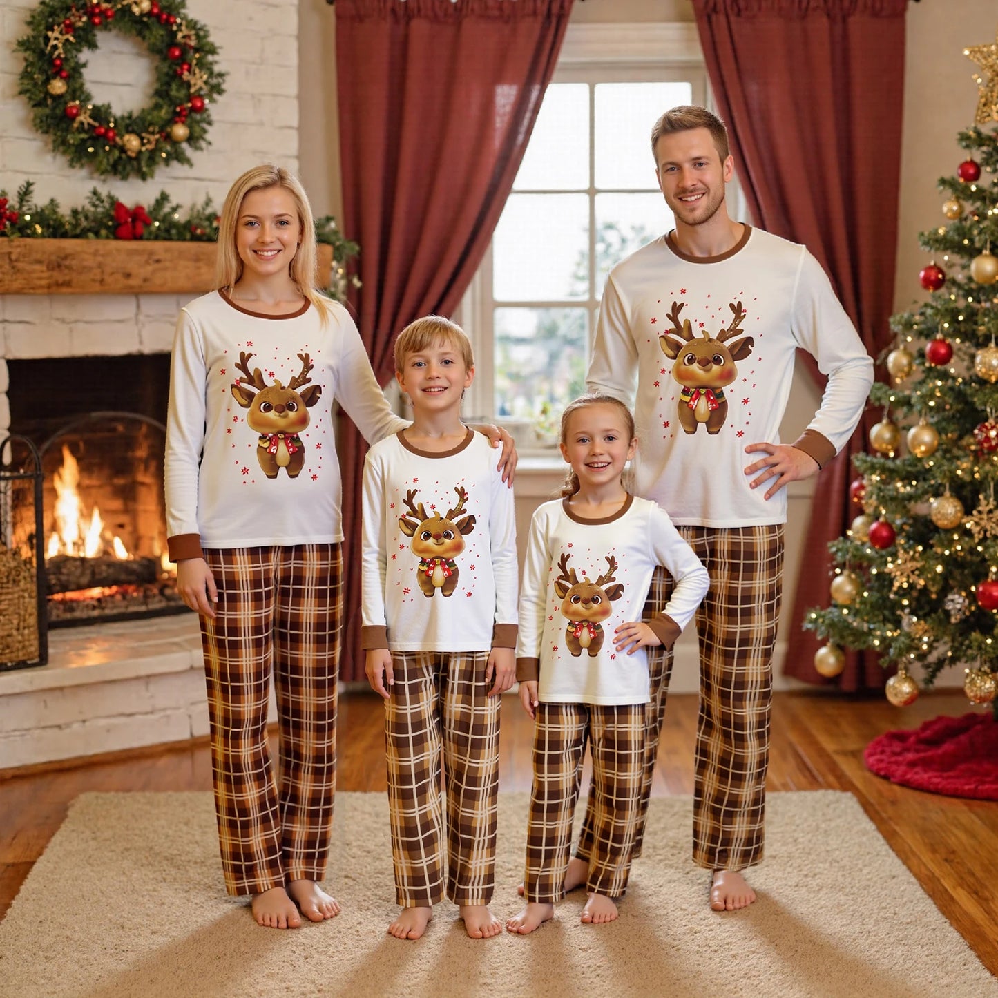 Christmas Family Pajamas Matching Sets Mom Dad Kids Long Sleeve Elk Print Tops and Plaid Pants Sleepwear Family Xmas Pajamas