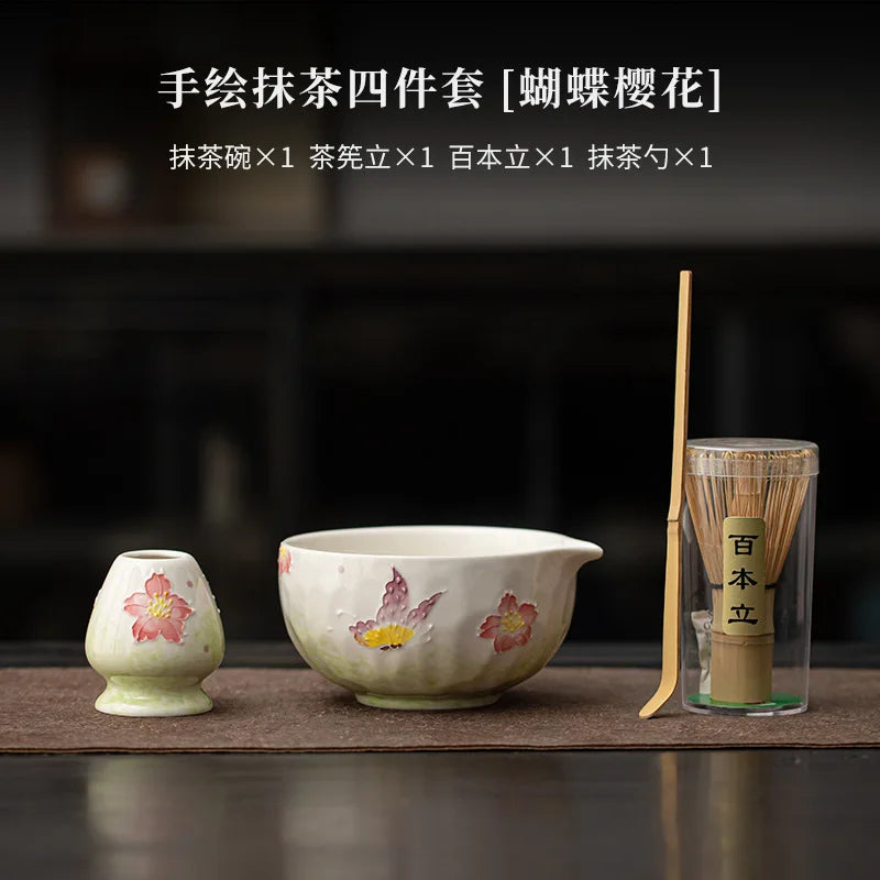 1-8PCS Hand Drawn Flowers Matcha Tea Set Japanese Matcha Gift Box Matcha Bowl Baibenli Tea Bowl Whisk Ceramic Teaset Tool Sets
