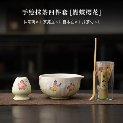 1-8PCS Hand Drawn Flowers Matcha Tea Set Japanese Matcha Gift Box Matcha Bowl Baibenli Tea Bowl Whisk Ceramic Teaset Tool Sets