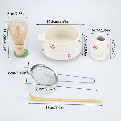 2/4/5pcs Matcha Whisk Set, Cute Bow Japanese Tea Set includes Whisk Sets and Matcha Bowl with Spout, Traditional Japanese Matcha