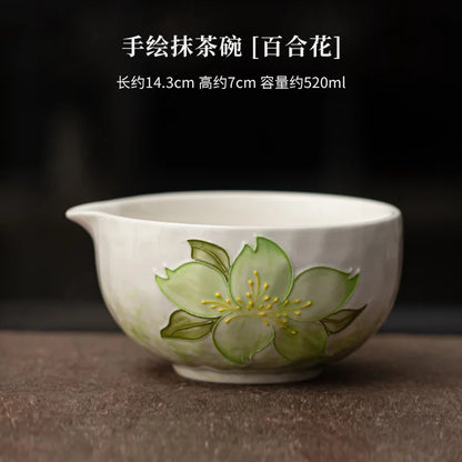 1-8PCS Hand Drawn Flowers Matcha Tea Set Japanese Matcha Gift Box Matcha Bowl Baibenli Tea Bowl Whisk Ceramic Teaset Tool Sets