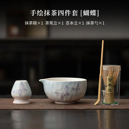 1-8PCS Hand Drawn Flowers Matcha Tea Set Japanese Matcha Gift Box Matcha Bowl Baibenli Tea Bowl Whisk Ceramic Teaset Tool Sets