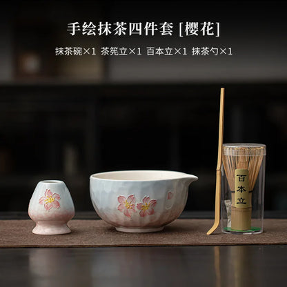 1-8PCS Hand Drawn Flowers Matcha Tea Set Japanese Matcha Gift Box Matcha Bowl Baibenli Tea Bowl Whisk Ceramic Teaset Tool Sets