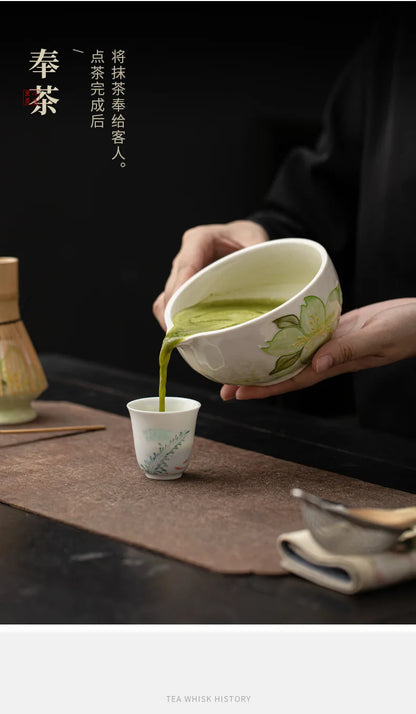 1-8PCS Hand Drawn Flowers Matcha Tea Set Japanese Matcha Gift Box Matcha Bowl Baibenli Tea Bowl Whisk Ceramic Teaset Tool Sets