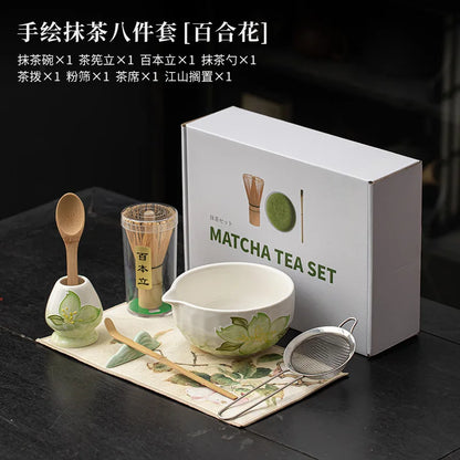 1-8PCS Hand Drawn Flowers Matcha Tea Set Japanese Matcha Gift Box Matcha Bowl Baibenli Tea Bowl Whisk Ceramic Teaset Tool Sets