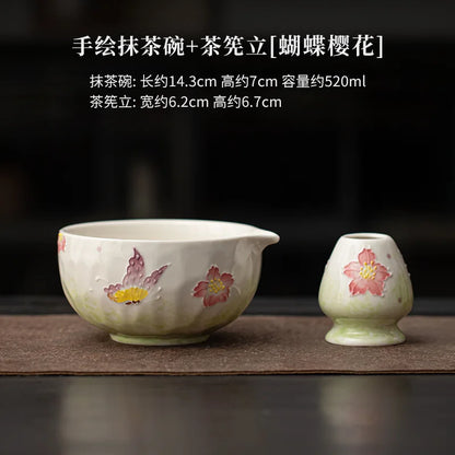 1-8PCS Hand Drawn Flowers Matcha Tea Set Japanese Matcha Gift Box Matcha Bowl Baibenli Tea Bowl Whisk Ceramic Teaset Tool Sets