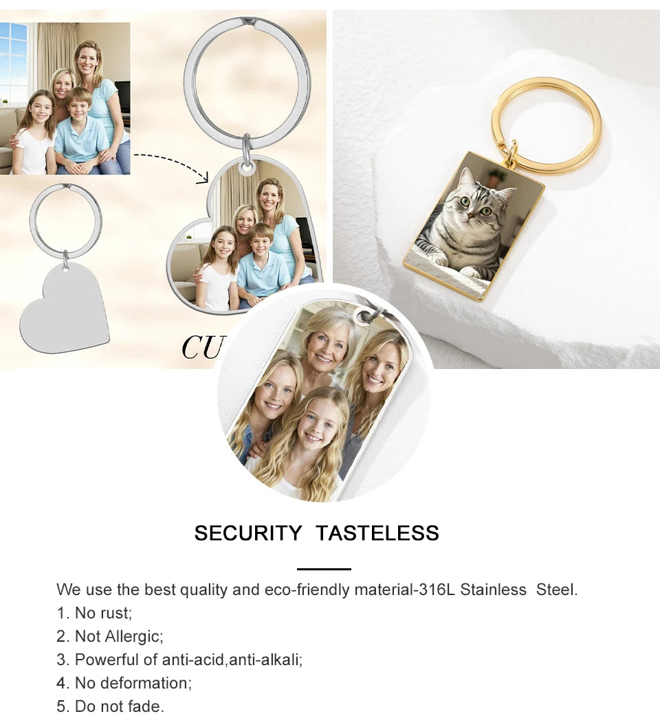 Custom Photo Keychain Women Stainless Steel Keyring Rectangle Heart Shape Personalized Picture Key Holder Jewelry Christmas Gift