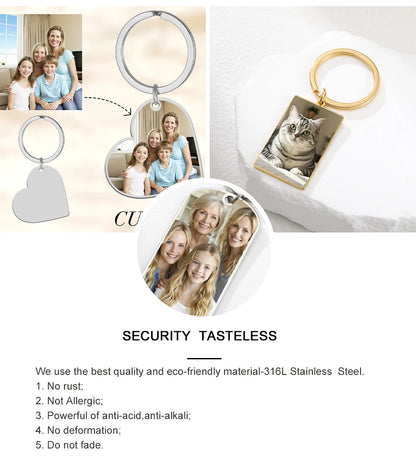 Custom Photo Keychain Women Stainless Steel Keyring Rectangle Heart Shape Personalized Picture Key Holder Jewelry Christmas Gift