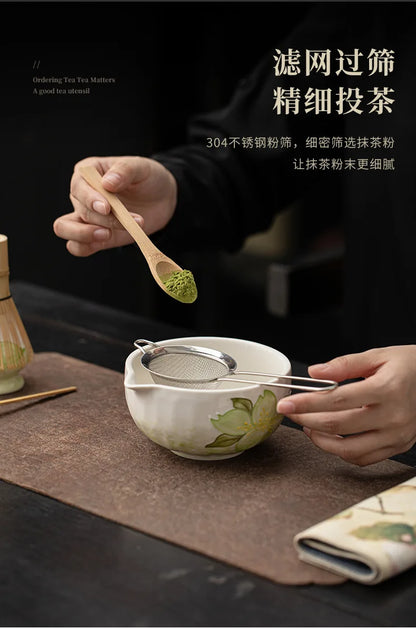 1-8PCS Hand Drawn Flowers Matcha Tea Set Japanese Matcha Gift Box Matcha Bowl Baibenli Tea Bowl Whisk Ceramic Teaset Tool Sets
