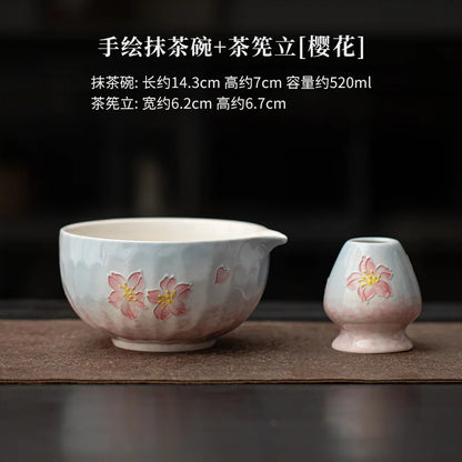 1-8PCS Hand Drawn Flowers Matcha Tea Set Japanese Matcha Gift Box Matcha Bowl Baibenli Tea Bowl Whisk Ceramic Teaset Tool Sets