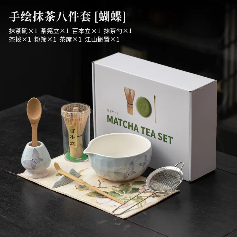 1-8PCS Hand Drawn Flowers Matcha Tea Set Japanese Matcha Gift Box Matcha Bowl Baibenli Tea Bowl Whisk Ceramic Teaset Tool Sets