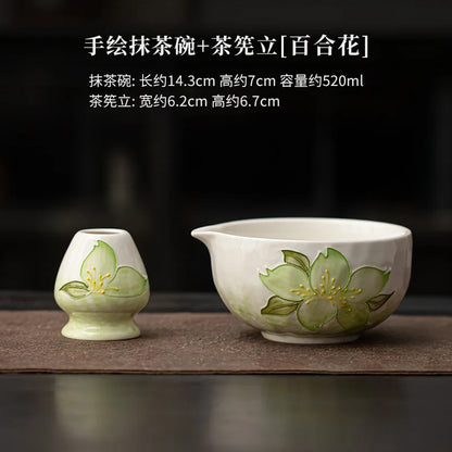 1-8PCS Hand Drawn Flowers Matcha Tea Set Japanese Matcha Gift Box Matcha Bowl Baibenli Tea Bowl Whisk Ceramic Teaset Tool Sets