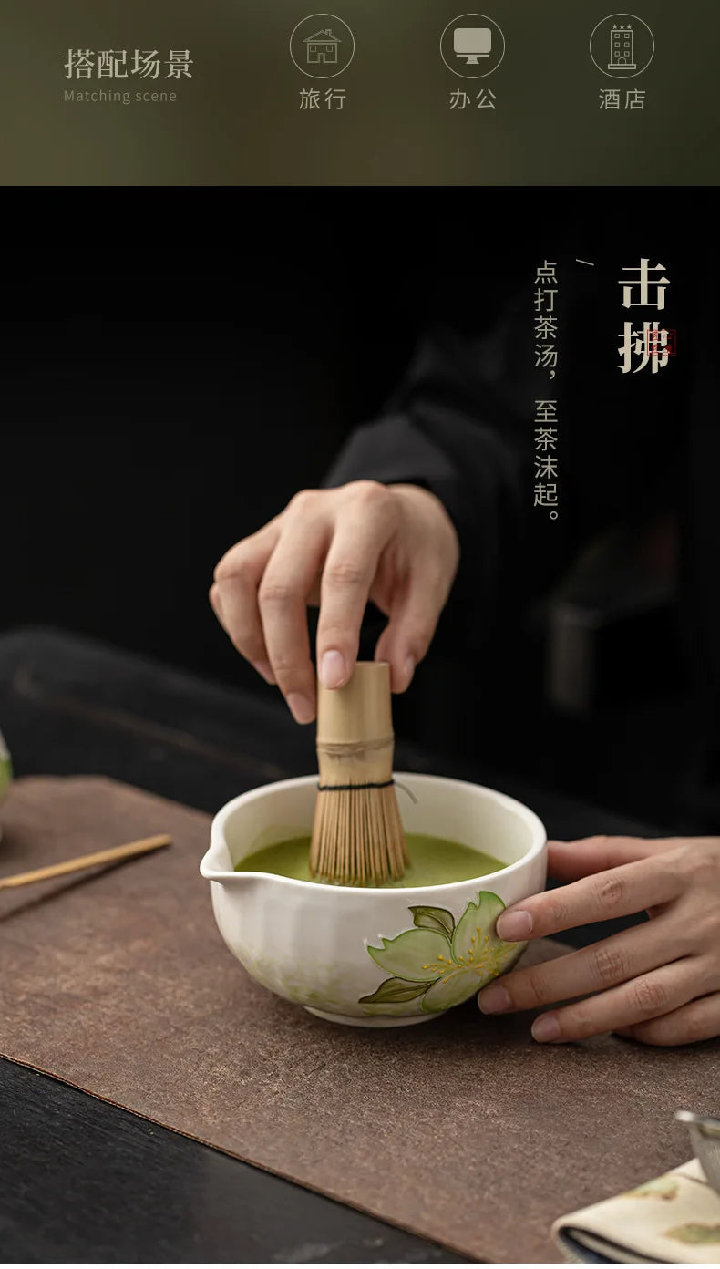 1-8PCS Hand Drawn Flowers Matcha Tea Set Japanese Matcha Gift Box Matcha Bowl Baibenli Tea Bowl Whisk Ceramic Teaset Tool Sets