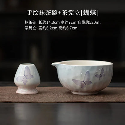 1-8PCS Hand Drawn Flowers Matcha Tea Set Japanese Matcha Gift Box Matcha Bowl Baibenli Tea Bowl Whisk Ceramic Teaset Tool Sets