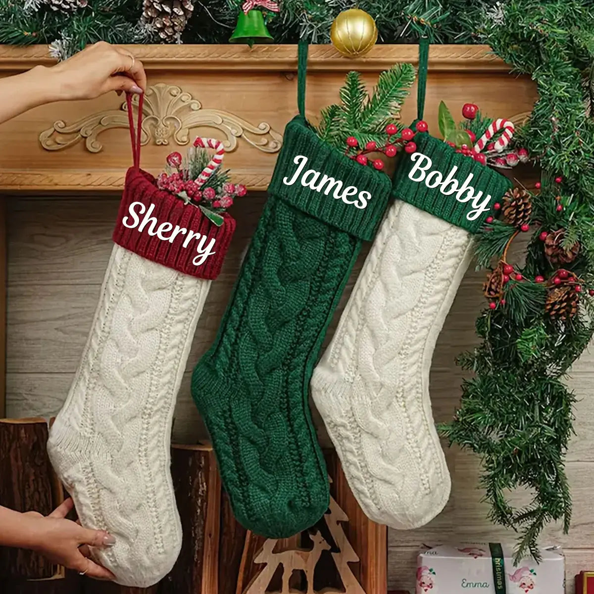 One Vintage Personalized Christmas Stocking with Embroidered Name, Holiday Stocking Gift Bag, Family Christmas Gift