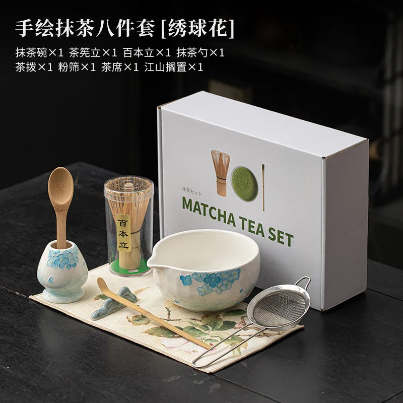 1-8PCS Hand Drawn Flowers Matcha Tea Set Japanese Matcha Gift Box Matcha Bowl Baibenli Tea Bowl Whisk Ceramic Teaset Tool Sets