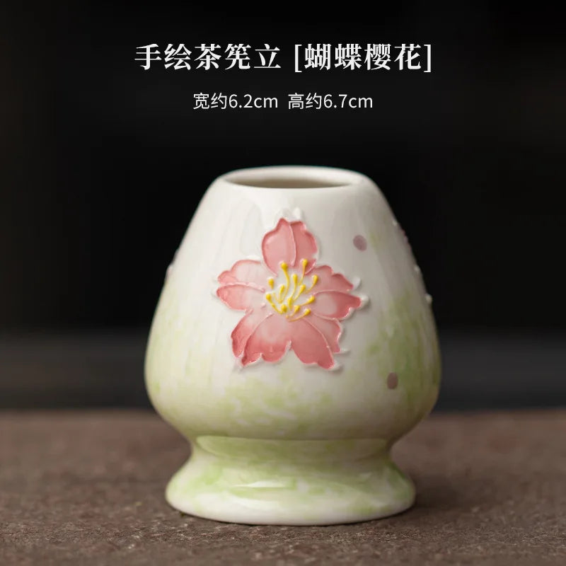 1-8PCS Hand Drawn Flowers Matcha Tea Set Japanese Matcha Gift Box Matcha Bowl Baibenli Tea Bowl Whisk Ceramic Teaset Tool Sets