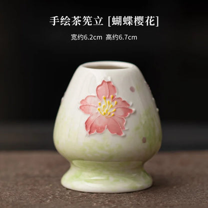 1-8PCS Hand Drawn Flowers Matcha Tea Set Japanese Matcha Gift Box Matcha Bowl Baibenli Tea Bowl Whisk Ceramic Teaset Tool Sets