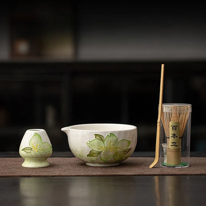 1-8PCS Hand Drawn Flowers Matcha Tea Set Japanese Matcha Gift Box Matcha Bowl Baibenli Tea Bowl Whisk Ceramic Teaset Tool Sets