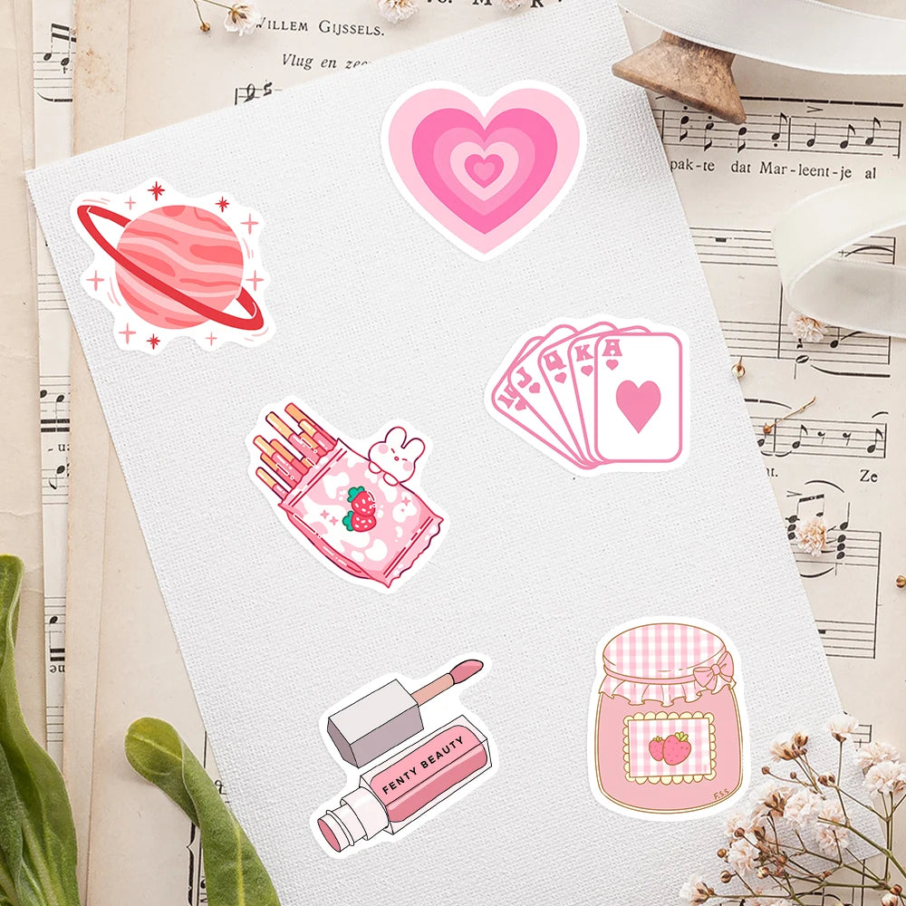 10/30/60Pcs Cartoon Girls Pink Stickers Kid DIY Toys Gift Decorative for Scrapbook Junk Journal Laptop Bottle Guitars Waterproof