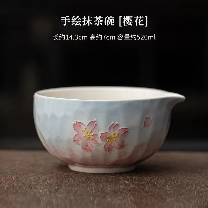 1-8PCS Hand Drawn Flowers Matcha Tea Set Japanese Matcha Gift Box Matcha Bowl Baibenli Tea Bowl Whisk Ceramic Teaset Tool Sets