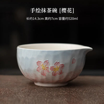 1-8PCS Hand Drawn Flowers Matcha Tea Set Japanese Matcha Gift Box Matcha Bowl Baibenli Tea Bowl Whisk Ceramic Teaset Tool Sets