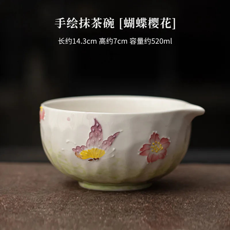 1-8PCS Hand Drawn Flowers Matcha Tea Set Japanese Matcha Gift Box Matcha Bowl Baibenli Tea Bowl Whisk Ceramic Teaset Tool Sets