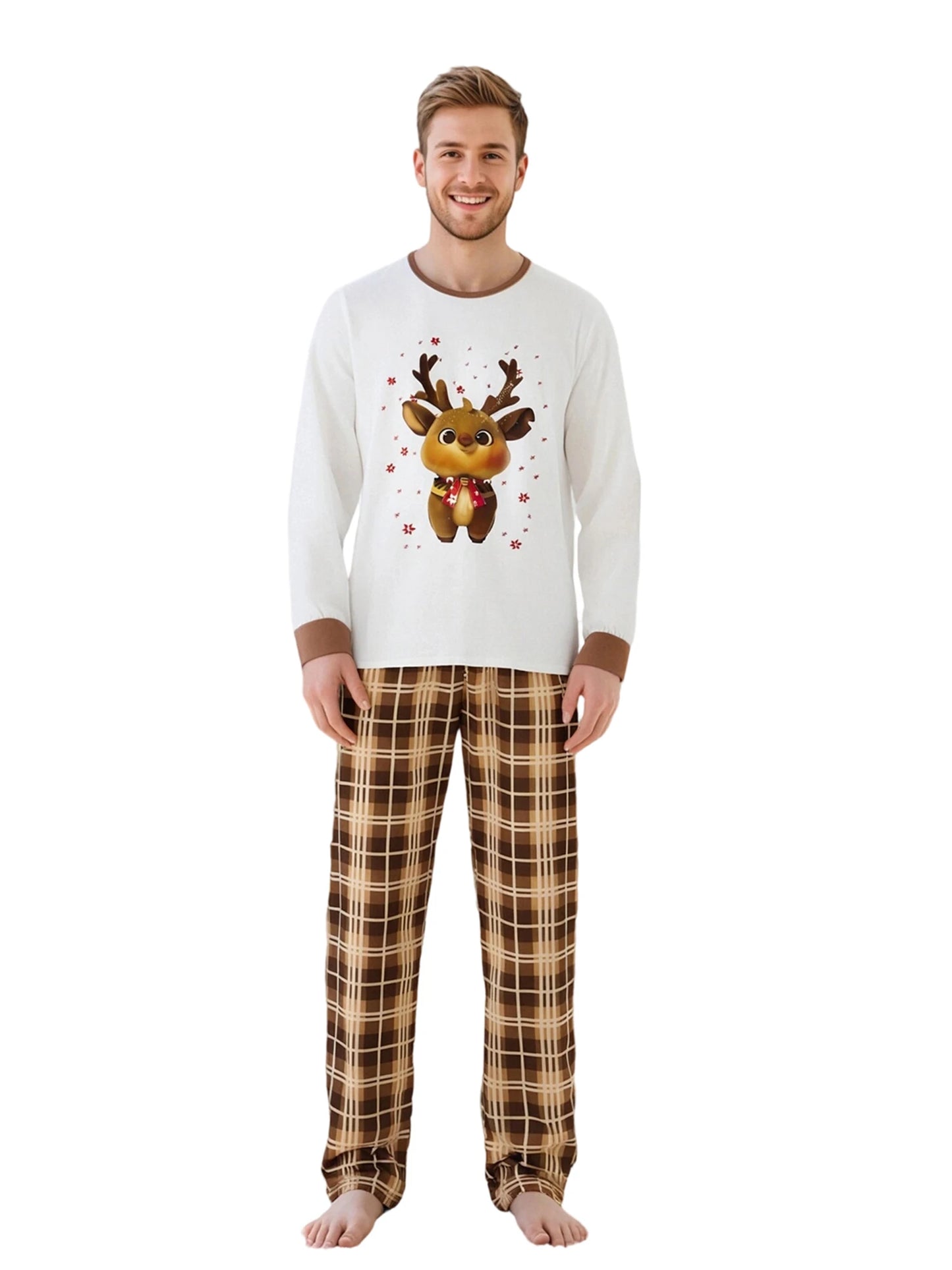 Christmas Family Pajamas Matching Sets Mom Dad Kids Long Sleeve Elk Print Tops and Plaid Pants Sleepwear Family Xmas Pajamas
