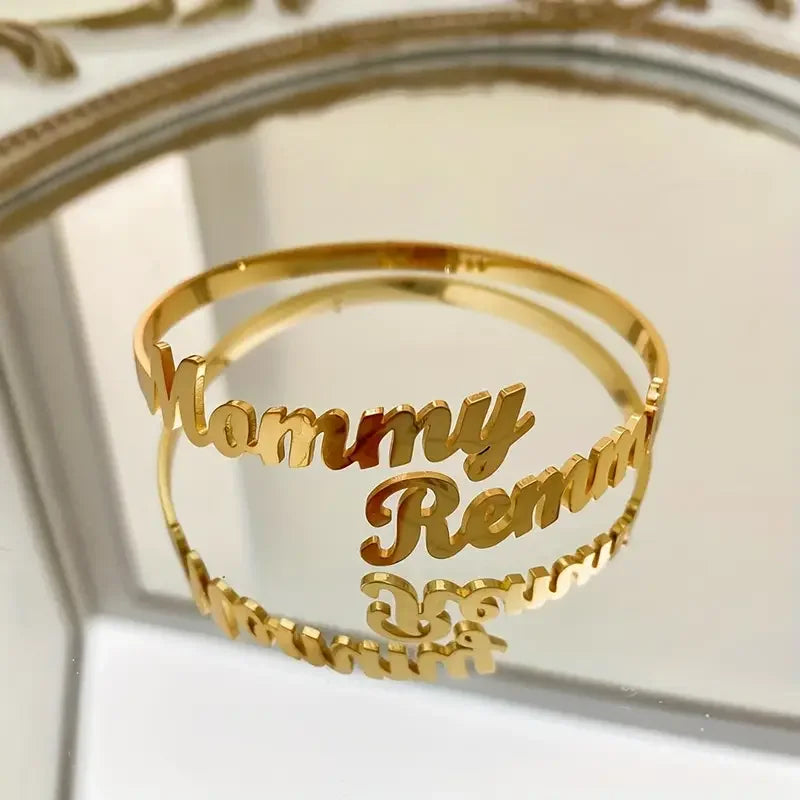 Custom Two Name Cuff Bangle Bracelet Personalized Double Names Couple Gold Color Stainless Steel Jewelry Dainty Bridesmaid Gift